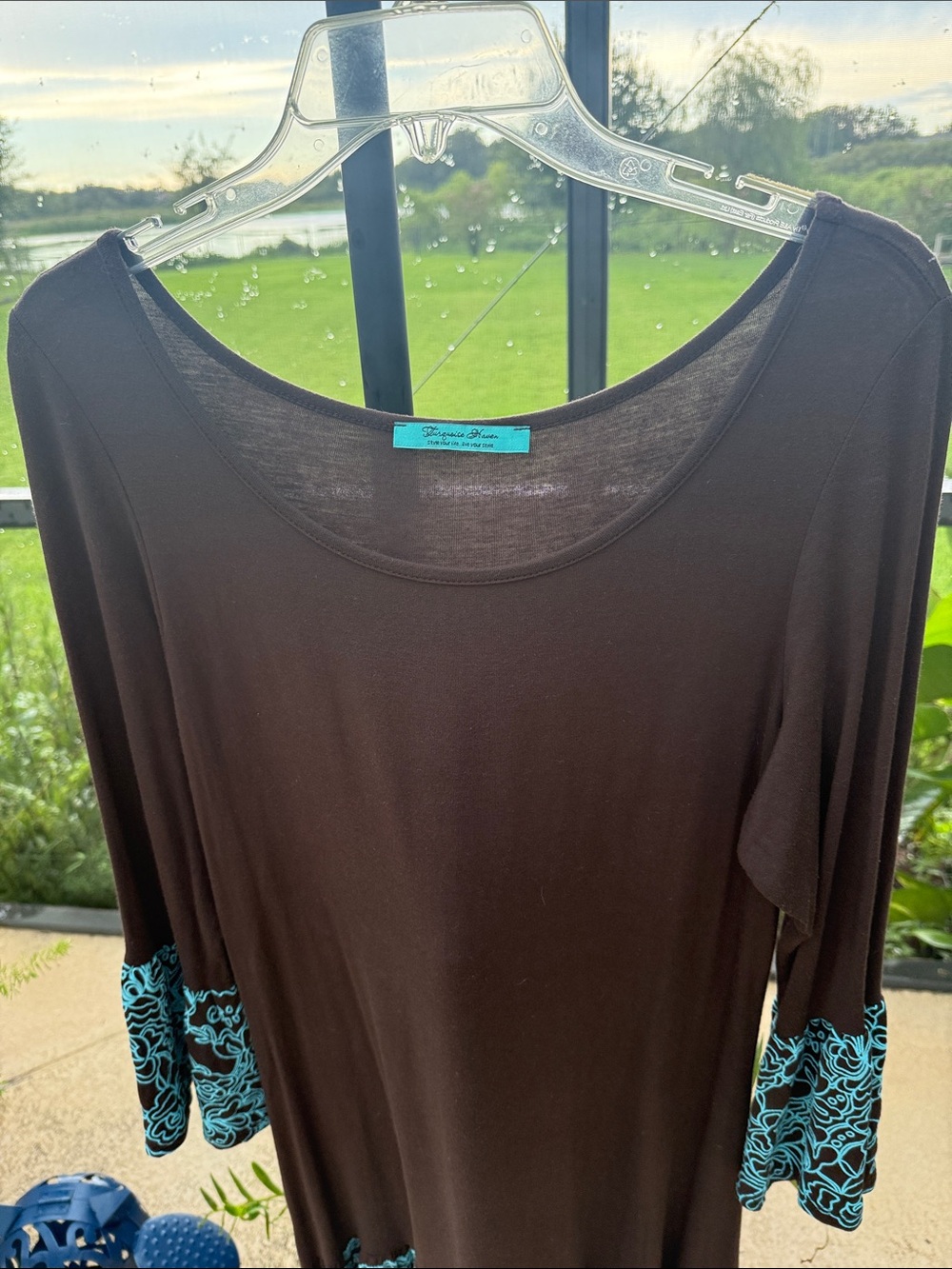 Brown Tunic with Teal Lace print Accent - Lightweight Scoop Neck Tunic